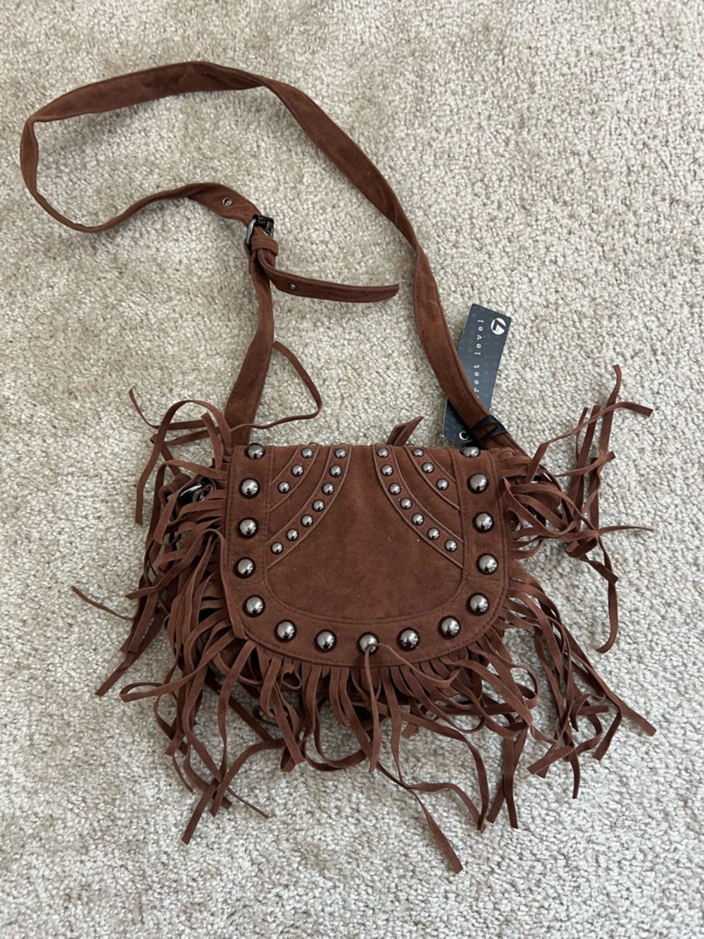 Fringe Studded Crossbody Bag - Brown